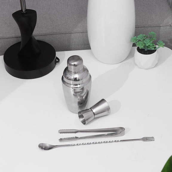 WESIEVYA 4Pcs Stainless Steel Bartender Tool Set with Measure Cup and Ice Tong in Plated Silver