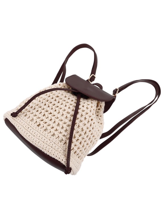 Brown Handmade Crochet Backpack Drawstring Flap Knit Bag for Travel and Casual Use