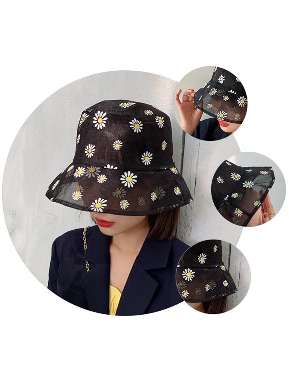 Black Lightweight Breathable Daisy Bucket Hat Sun Fisherman Cap