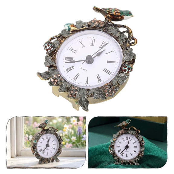 WESIEVYA Small Vintage Table Clock Multi Metal for Decor Rhinestone Enamel Accent