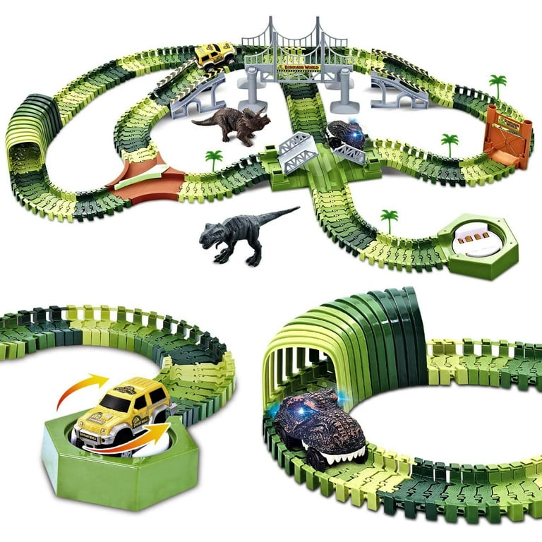 WESPREX Dinosaur Race Track Toy Set 288 PCS Flexible Track Playset w 240 Tracks 1 Dinosaur Car 1 Race Car 1 Drawbridge 1 Tunnel Create A Dino Track Dinosaur Toy Gift for