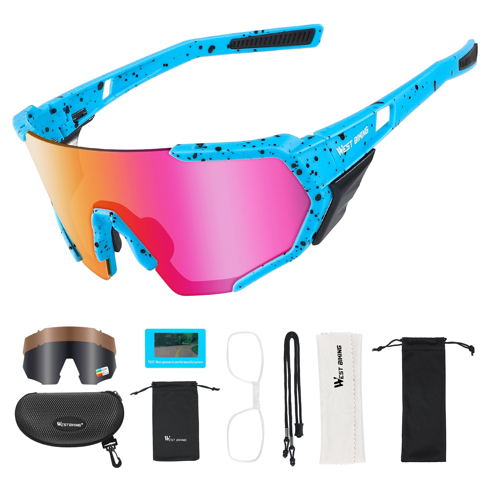 WEST BIKING 3 Lens Polarized Cycling Glasses UV400 Sunglasses Sports Goggles  Blue 