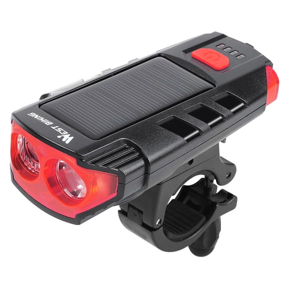 WEST BIKING Solar Bicycle Light USB Rechargeable LED Headlight Water-Resistant Bike Horn Warning Lamp 350 Lumens 120db Speaker Red and Black