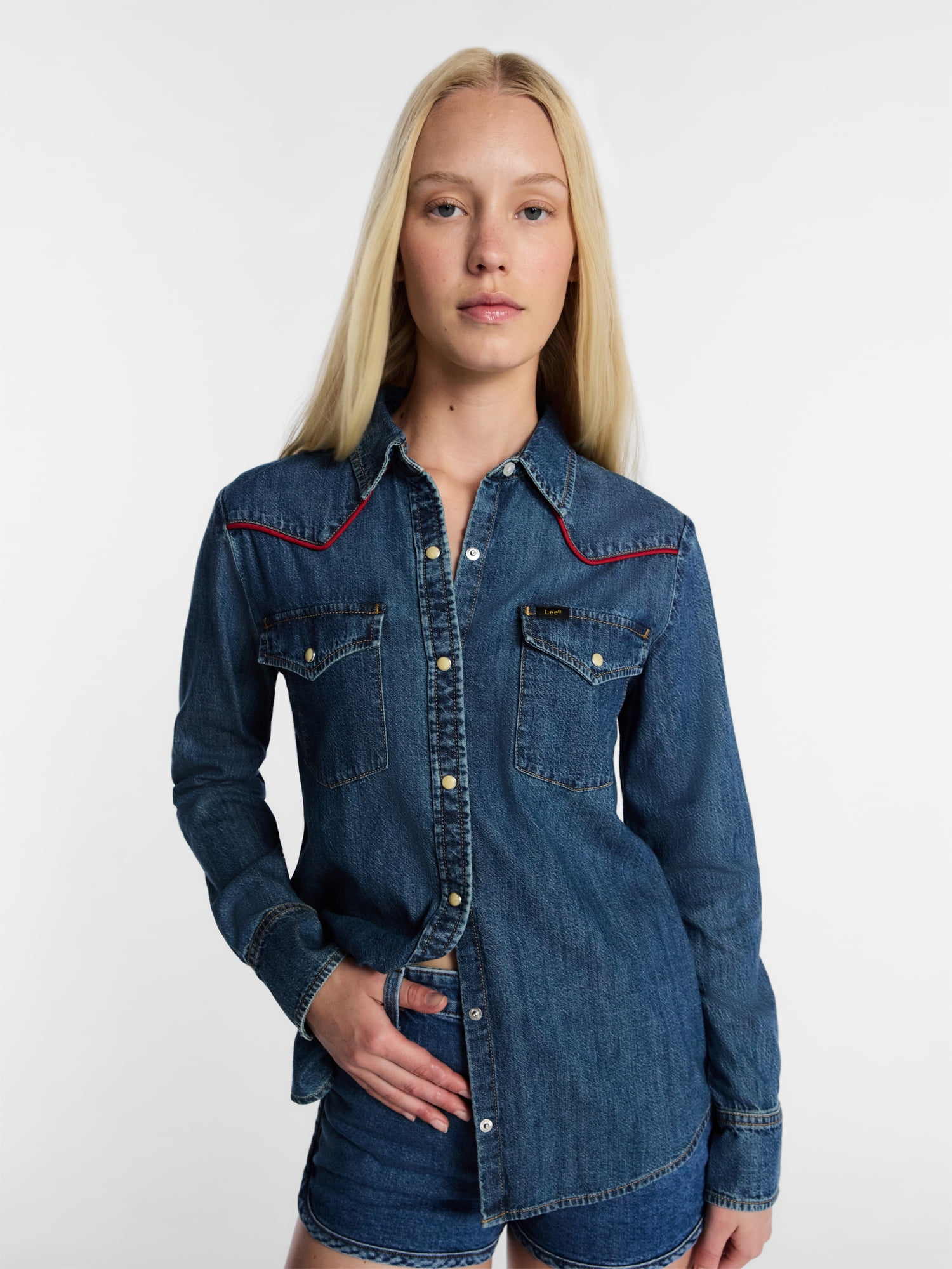 Kacey Lee Women's Denim Western Shirt with Piping, Sizes XS-XXL