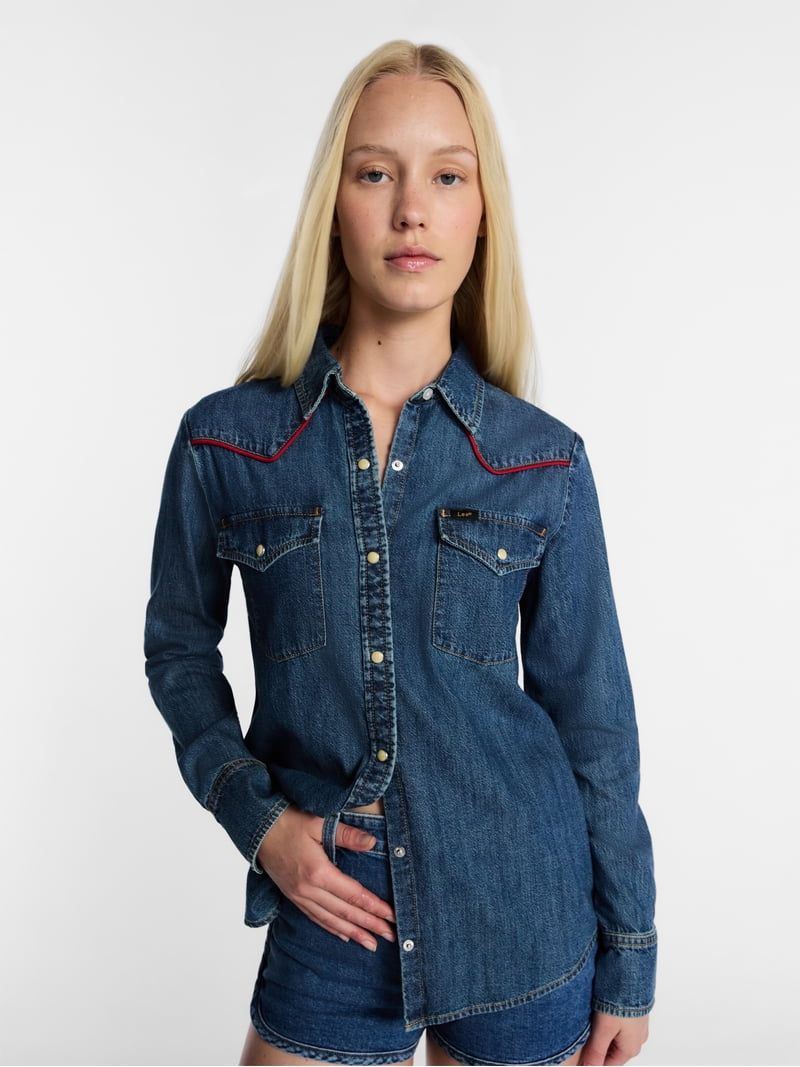 Kacey Lee Women's Denim Western Shirt with Piping, Sizes XS-XXL