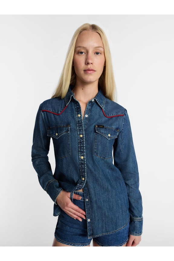 Women's Denim Western Shirt with Piping, Sizes XS-XXL