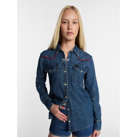 Women's Denim Western Shirt with Piping, Sizes XS-XXL