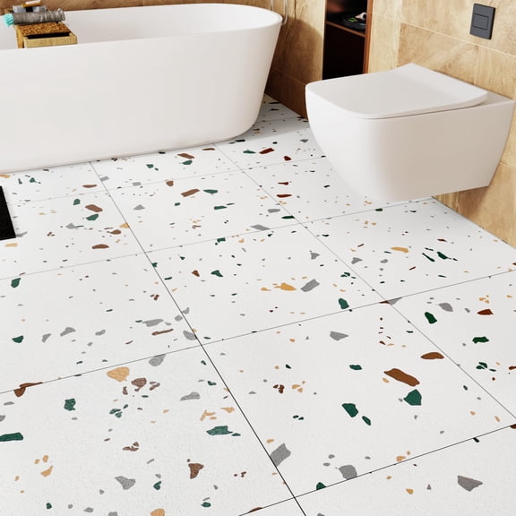 WESTICK Waterproof Terrazzo Peel and Stick Floor Tile 20 PCS Bathroom Marble Floor Tiles Peel and Stick Removable White Terrazzo Vinyl Flooring for Kitchen Bedroom Living Room Camper 12" x 12"