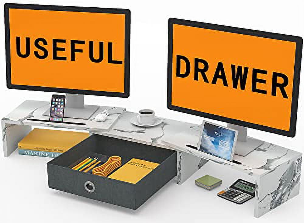Adjustable White Marble Dual Monitor Stand with Drawer