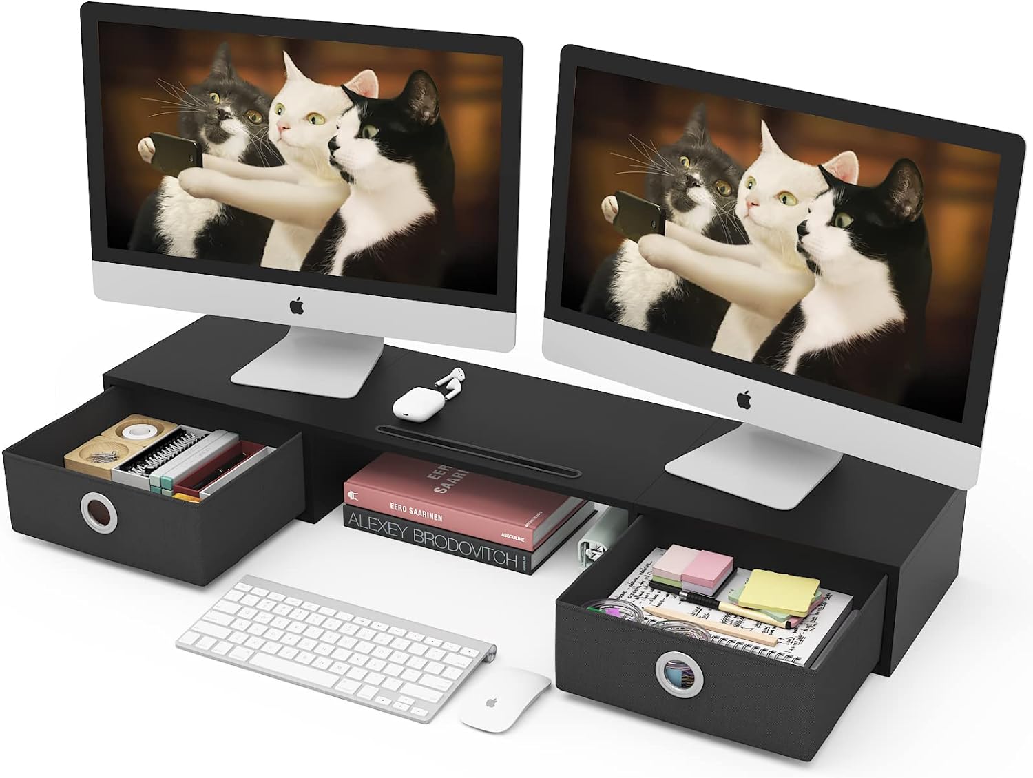 WESTREE Dual Monitor Stand Riser with Two Drawers, Extra Large Storage