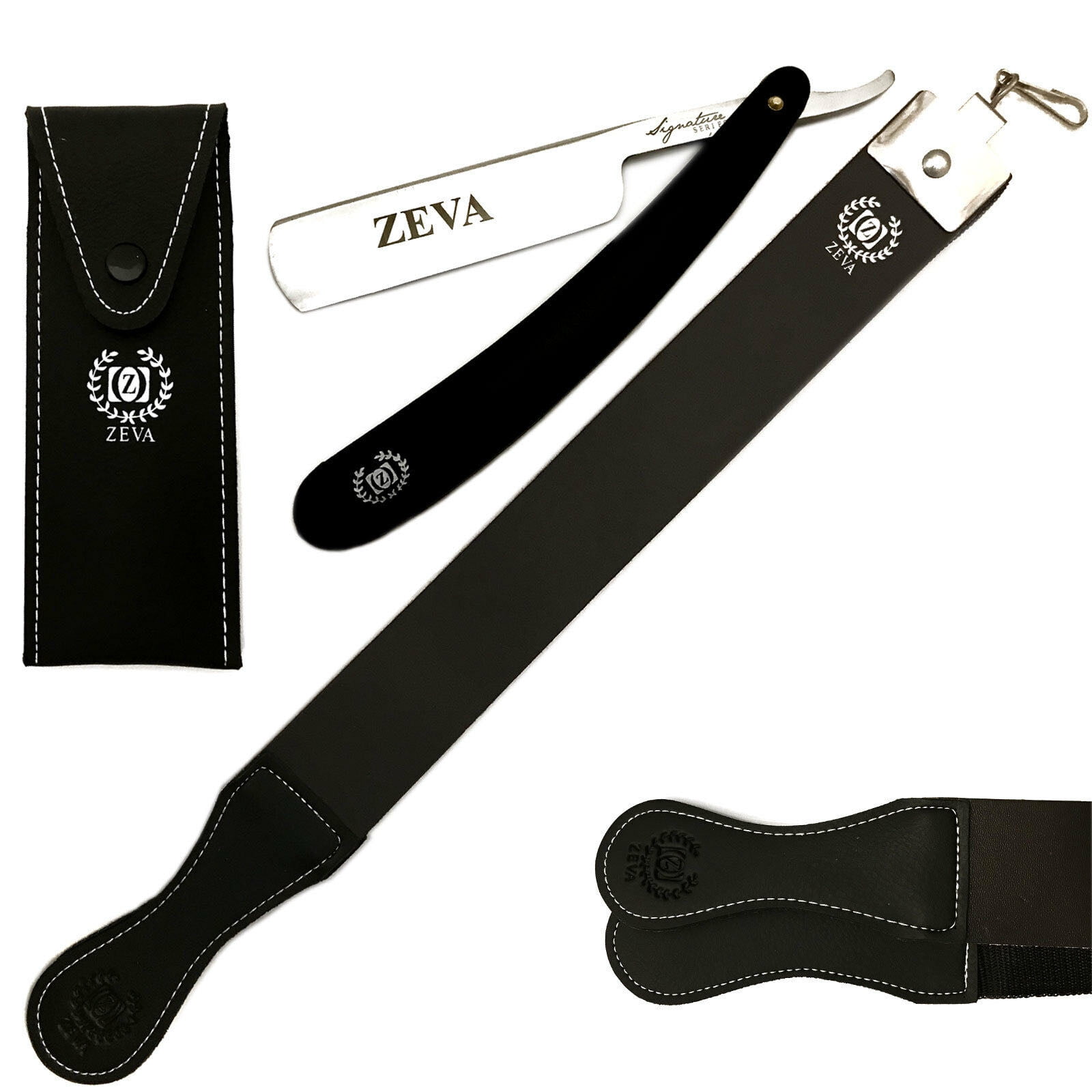 WET SHAVE READY 3 PC- STRAIGHT EDGE RAZOR LEATHER SHARPENING STROP BELT + POUCH