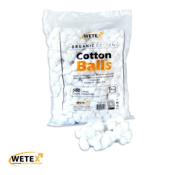 WETEX Medical Organic Cotton Balls - 6 Packs of 500 Pieces of Medium-Sized, Pure Cotton