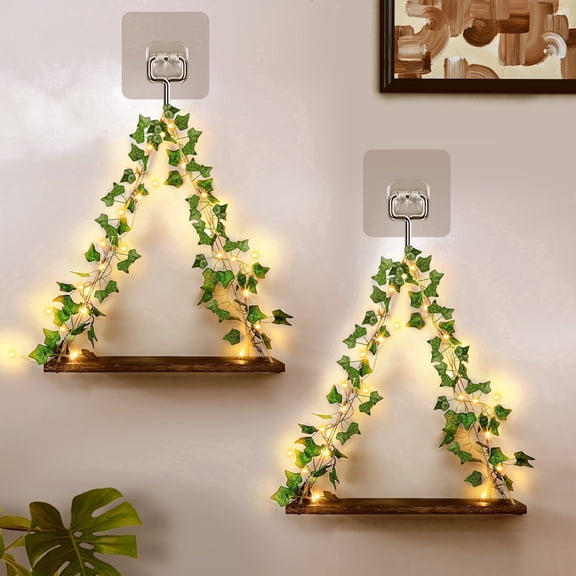 WETRBWEH Floating Shelves for Wall No Drilling, 2pcs Artificial Greenery and Light Strip Hanging Shelf Wall Shelves for Aesthetic Room Home Decor