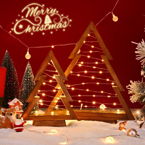 WETRBWEH 2Pcs Light Up Wooden Christmas Tree, Tabletop Christmas Decorations