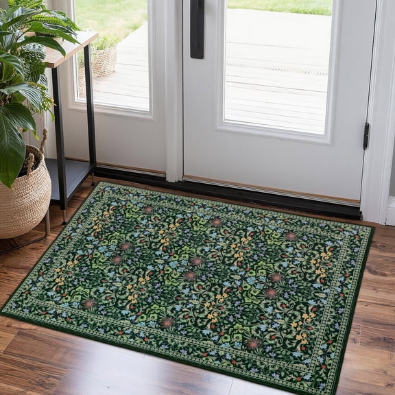 WETRBWEH Vintage Floral Entryway Rug 2x3, Washable Small Area Rugs,Non-Slip Carpet for Kitchen Bedroom, Front Door Throw Rug(Dark Green)
