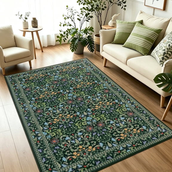 WETRBWEH Vintage Area Rug 3x5, Floral Entryway Rug for Bedside,Washable Non Slip Low Pile Throw Rugs for Living Room Bedroom(Dark Green)