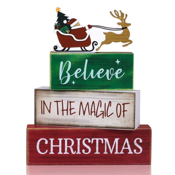 WETRBWEH Christmas Table Decoration, 4 Pcs Tiered Tray Decor,Wooden Santa Claus Decor Desktop Ornament,Santa Claus Elk Block Sign for Home Kitchen