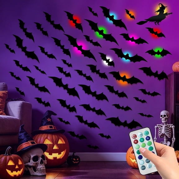 WETRBWEH 48 Pcs 3D Halloween Bats Wall Decor, 1 Witch Sticker, 12 LED Lights with Remote & Timer for Window Party