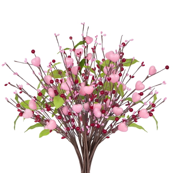 WETRBWEH 6 Pcs Artificial Berry Picks Berry Stems with Pink Hearts, 17'' Berries with Leaves for Wedding Decorations