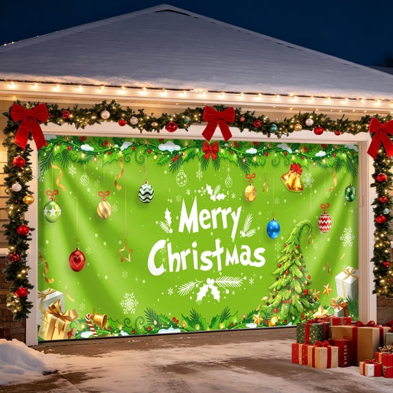 WETRBWEH 7x16ft Christmas Garage Door Cover Green, Outdoor Xmas Decorations