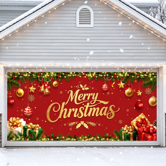 WETRBWEH 7x16ft Christmas Garage Door Cover Red, Outdoor Xmas Decorations