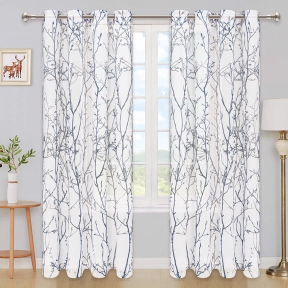 WETRBWEH Blue Gray Tree Branch Sheer Curtains, Pastoral Botanical Brach Aesthetics Sheer Curtains 2 Panels Set for Living Room Bedroom Dining Room