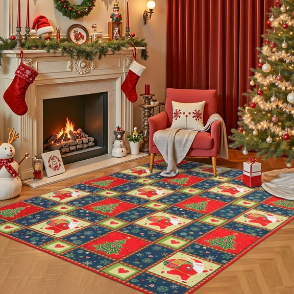 WETRBWEH Christmas Area Rug, 5'X7' Santa Claus Rugs Washable Home Carpet, Non-Slip Area Rugs Low Pile Indoor Carpets for Living Room Bedroom Kitchen
