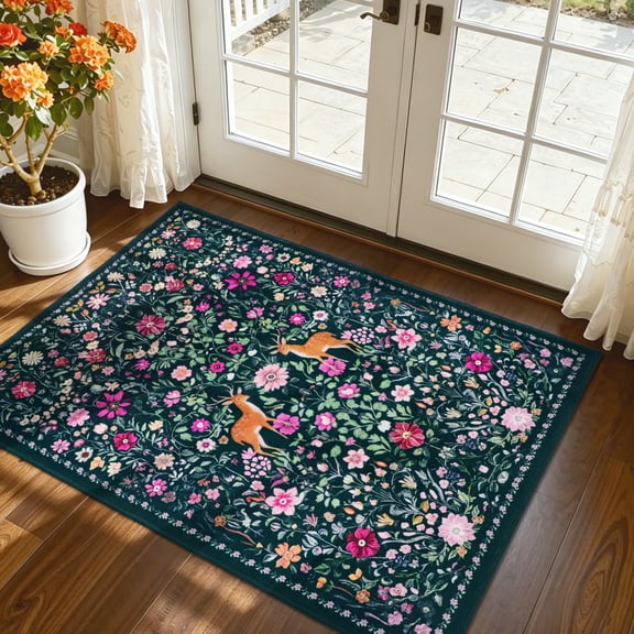 WETRBWEH Floral Entryway Rug 2x3, Front Door Small Throw Rugs for Entrance Bathroom Kitchen Indoor, Vintage Floral Washable Rug, Non-Slip Carpet Mats