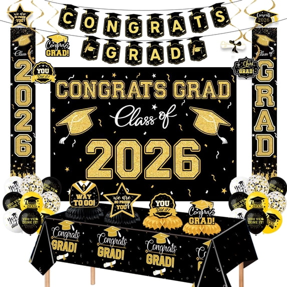WETRBWEH Graduation Decorations 2026 Black Gold Party Set,Congrats Grad ...