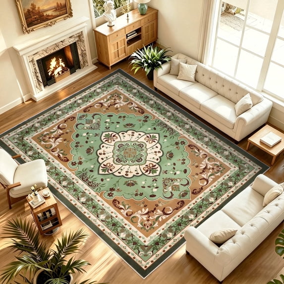 WETRBWEH Green Vintage Area Rug 5x7 Living Room Rug, Boho Floral Rugs for Dining Room Bedroom, Washable Non-Slip Soft Carpet Mats Home Decor