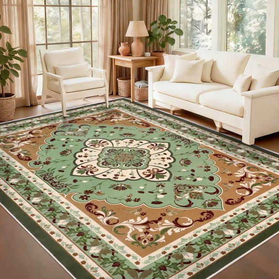 WETRBWEH Green Vintage Area Rug 5x7 Living Room Rug, Boho Floral Rugs for Dining Room Bedroom, Washable Non-Slip Soft Carpet Mats Home Decor