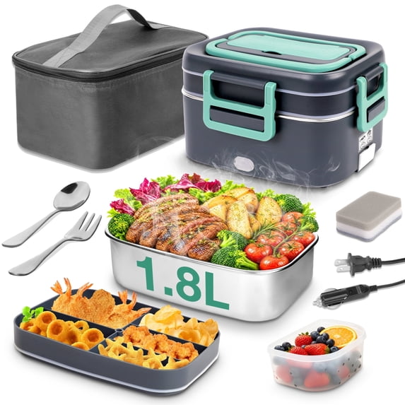 WETRBWEH Heated Lunch Box for Adults, 1.8L Electric Lunch Box with Fork Spoon Carry Bag