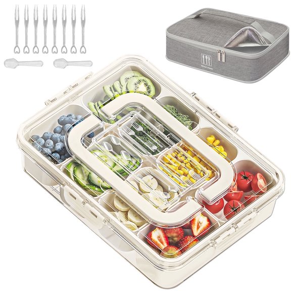 WETRBWEH Snack Box Container, 8 Compartment Snack Divided Serving Tray with Lid and Handle(8 Forks , 2 Spoon)