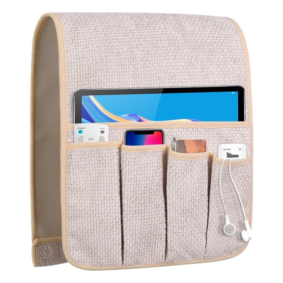 WETRBWEH Sofa Armrest Organizer, Non-Slip Couch Remote Control Holder, Bedside Caddy Organizer with 5 Pockets for Magazine, Tablet, Phone(Beige, 35"X12.4")