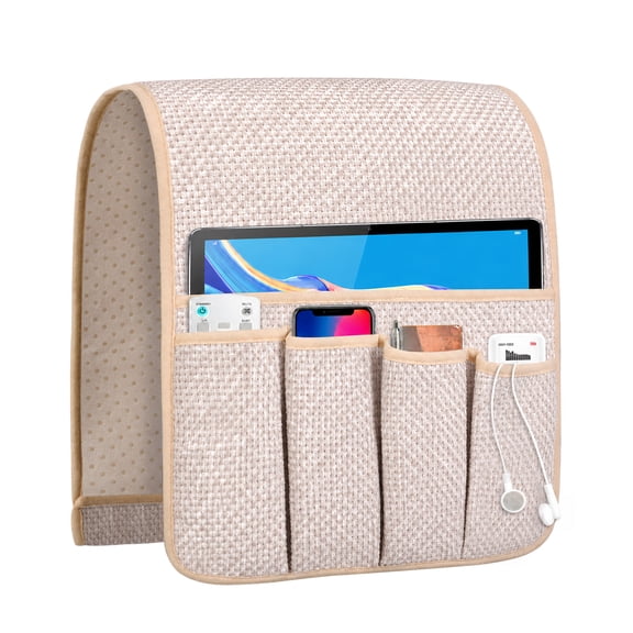 WETRBWEH Sofa Armrest Organizer, Non-Slip Couch Remote Control Holder, Bedside Caddy Organizer with 5 Pockets for Magazine, Tablet, Phone(Beige, 35"X12.4")