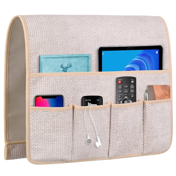 WETRBWEH Sofa Armrest Organizer, Non-Slip Couch Remote Control Holder, Bedside Caddy Organizer with 5 Pockets for Magazine, Tablet, Phone(Beige, 35''x18'')
