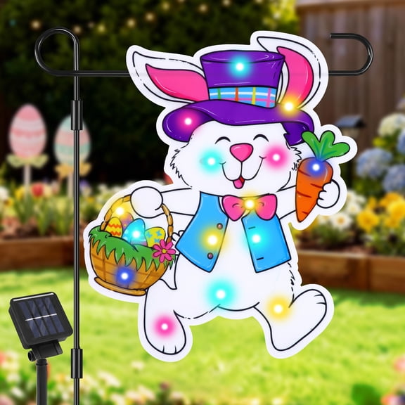 WETRBWEH Solar Easter Garden Flag 12 x 18, Light Up Easter Decorations Outdoor, Double Sided Bunny Garden Flag for Outside Yard Porch Lawn Decor