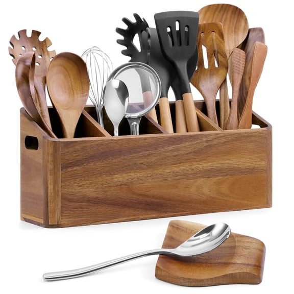 WETRBWEH Wooden Kitchen Utensil Holder with Spoon Rest, Extra Large Acacia Wood Utensil Organizer for Counter with 4 Compartments, Rustic Container