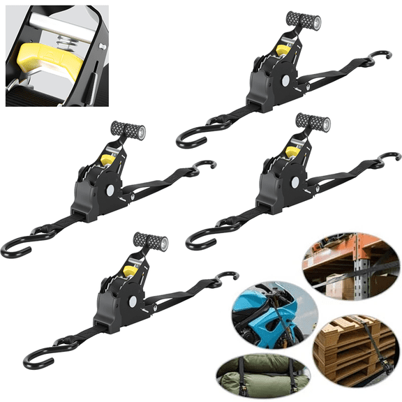 WETS 4 Pack 2" x 11ft Heavy Duty Retractable Ratchet Straps, 1500lb Break Strength Self Retracting Tie Down Straps for Truck Cargo Trailer Motorcycle ATV UTV Boat, Black