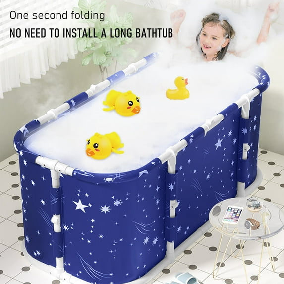 WETS 47 inch Portable Folding Bathtub for Adult, Extra Large Foldable Bathtub with Plastic Frame, Hot & Cold Soaking Bathtub, Family SPA Soaking Tub for Shower for kids adult (Starry Blue)