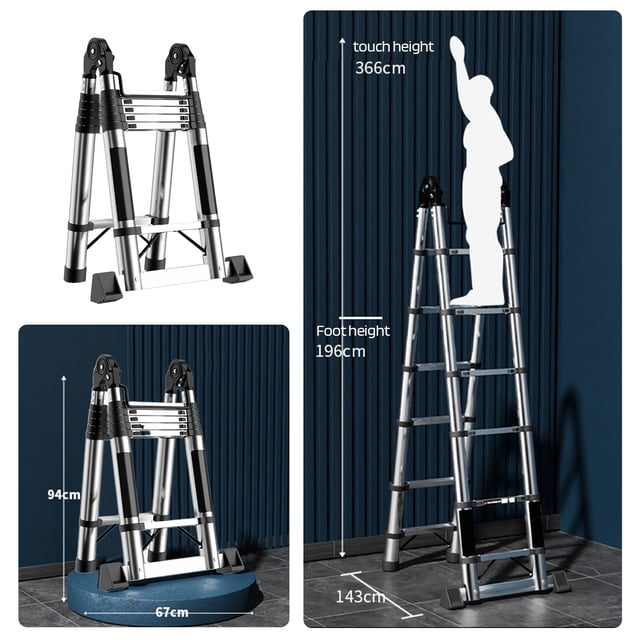 WETS Adjustable Telescoping Ladder A-Frame Ladder with Stabilizer Bar ...