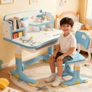 WETS Kids Desk and Chair Set, Height Adjustable Kids Desk with Cartoon Pattern, Widened Tabletop, Back Support & Spine Protect, Prevent Myopia, for Boys & Girls 3+ (Blue)