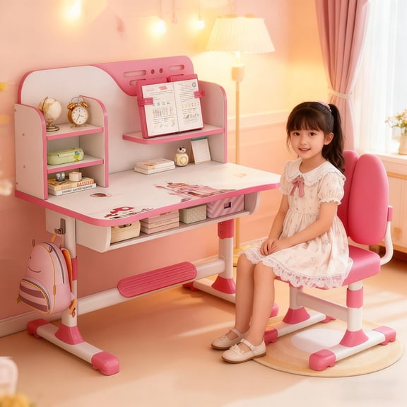 WETS Kids Study Table and Chair Set, Ergonomic Height Adjustable Kids Desk with Cartoon Pattern, Widened Desktop, Book Stand, Steel Hook and Storage Drawer for Boys & Girls 3+ (Pink 2)