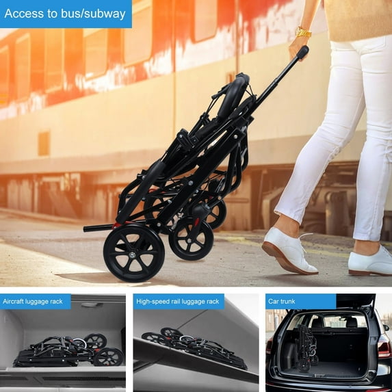 WETS Lightweight Foldable Transport Wheelchair with 19" Seat, Black, Manual Wheelchair Support 220 lb Weight Capacity for Adults (With Pull Bar)