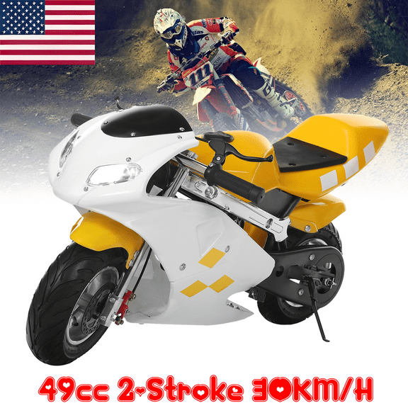 WETS Mini Motorcycle for Adults Kids Pocket Bike Dual Headlights Pocket Rocket Motorcycle Small Bike Rubber Handlebars Strong Power 2-Stroke 49cc Over 8 Years Old Kids Gas Motorbike
