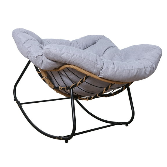 WETS Outdoor Rattan Rocking Chair, Patio Comfy Reading Chair with Oversized Cushion, Indoor Recliner Wide Rocking Chair for Balcony, Front Porch, Garden, Living Room, Grey