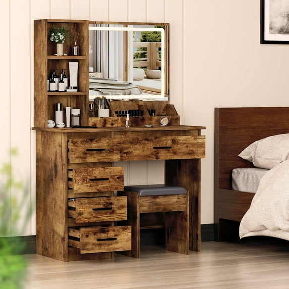 WETS Vanity Desk with Mirror and Lights, Makeup Vanity Table Set with 5 Drawers and Storage Shelves, Rustic Brown