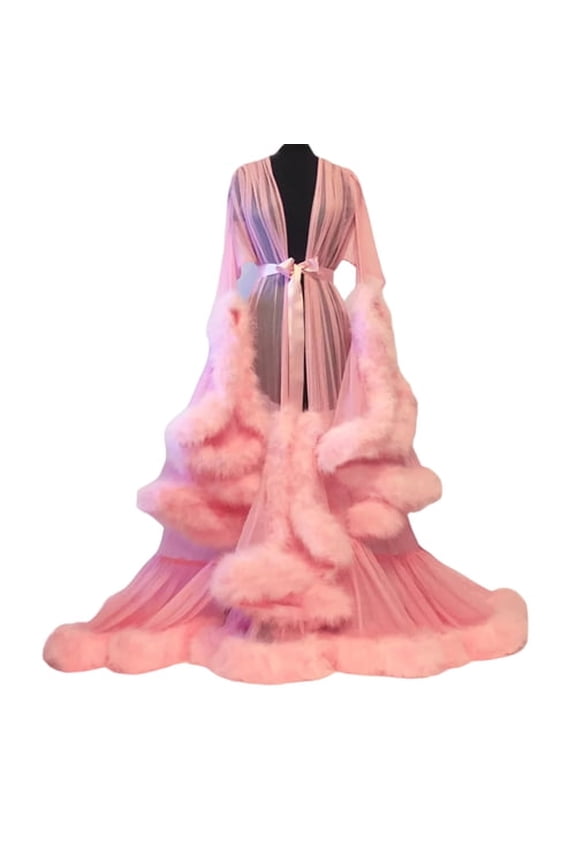 Women Bath Party Dress See-through Mesh Fluffy Sleeve Pleated A-line Lace-up Bow Waist Seductive Wedding Night Honeymoon Bathrobe Nightdress