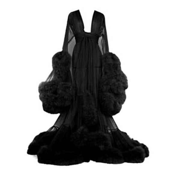 WETS Women Bath Party Dress See-through Mesh Fluffy Sleeve Pleated A-line Lace-up Bow Waist Seductive Wedding Night Honeymoon Bathrobe Nightdress