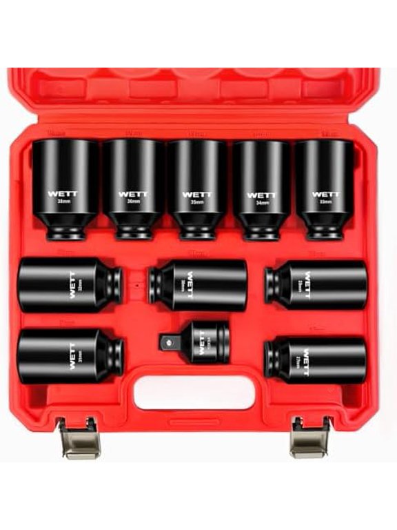 1/2" Drive Deep Large Impact Socket Set, 11-Piece Spindle Axle Nut Wheel Wrench Sockets Set, Jumbo Metric 6 Point Sockets with 3/4 to 1/2 Adapter, CR-V, (27mm-38mm)